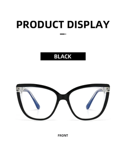 Front view of black cat-eye anti-blue light glasses with transparent spliced corners