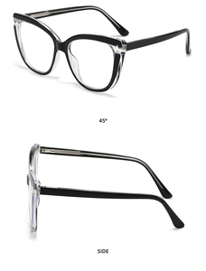 Detail view of cat-eye glasses frame with black and clear two-tone finish and metal hinges