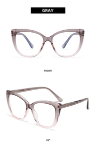 Front and 45-degree views of cat-eye blue light glasses with gray gradient frames