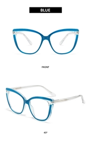 Detailed front and 45-degree side views of blue cat-eye anti-blue light glasses frames