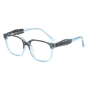 Retro full-frame blue light blocking glasses with light blue transparent and checkered frames