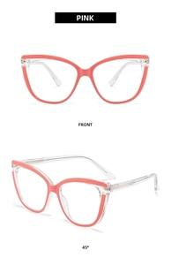Pink cat eye anti-blue light glasses showing front and 45-degree angle views