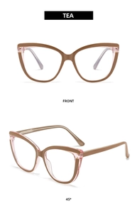 Detailed front and 45-degree angle view of tea-colored cat-eye blue light blocking glasses