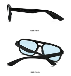 Détails de lunettes de soleil carrées avec verres bleus et monture noire