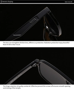 Vue détaillée des lunettes de soleil carrées avec modèle 9265 et marquage CE charnière