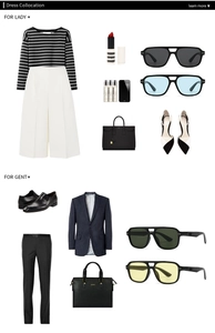 Mise à plat de lunettes de soleil rétro avec des tenues de bureau modernes pour hommes et femmes