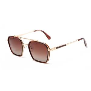 Retro small frame sunglasses with gold metal double bridge and brown gradient lenses
