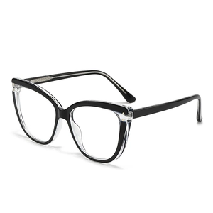 Cat eye blue light blocking glasses with black and transparent frame in a 45-degree angle view