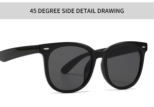 Detailed 45-degree side view of retro black rectangle sunglasses with silver rivets