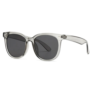 Modern narrow rectangle grey sunglasses with translucent resin frames and metal accents
