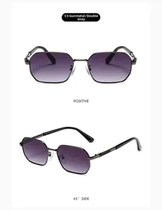 Vue détaillée de lunettes de soleil hexagonales gris fusil avec verres violets dégradés