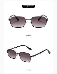 Vues détaillées de face et de profil à 45 degrés de lunettes géométriques gris bronze poli