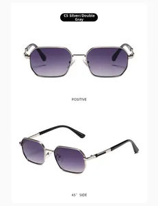 Vue détaillée des lunettes de soleil polygonales argentées avec verres dégradés violets