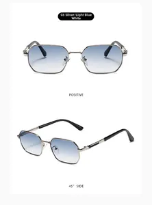 Détails de lunettes de soleil hexagonales argentées avec verres dégradés bleus en deux vues