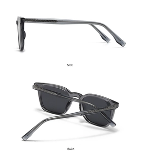 Detaillierte Seiten- und Rückansicht der grauen Polarisationsbrille mit Metallgewebe