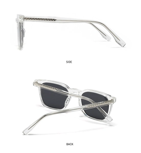 Detailansicht der transparenten runden Sonnenbrille mit grauen polarisierten Gläsern