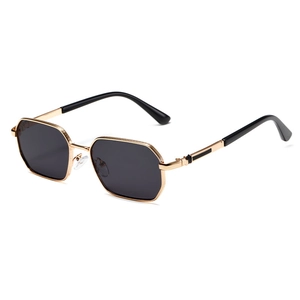 Lunettes de soleil rétro à monture hexagonale dorée avec verres gris foncé chic