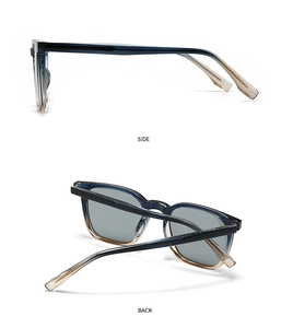 Detailansicht der runden Polarisationssonnenbrille mit blau-bernsteinfarbenem Rahmen