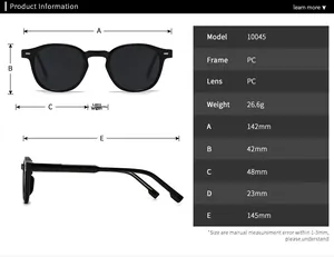 Detailed size chart for 10045 round polarized sunglasses with frame measurements