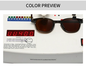 Detailed UV400 protection test for round black sunglasses with tortoise shell temples