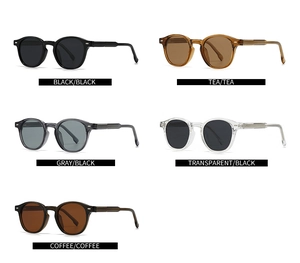 Flat lay of retro round polarized sunglasses in five distinct color and lens combinations