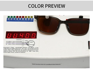 Gros plan de lunettes de soleil polarisées sur un testeur UV400 montrant la protection