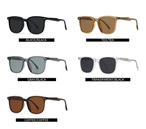 Vue détaillée présentant cinq variantes de couleurs de lunettes de soleil carrées polarisées