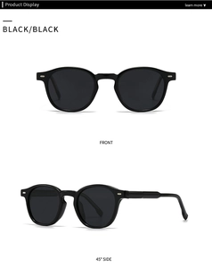 Front and 45-degree side view of black round polarized sunglasses with metal details