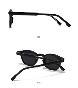 Detailed side and back view of black round polarized sunglasses with polished finish