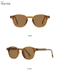 Front and 45-degree side view of vintage round tea brown polarized sunglasses