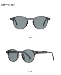 Front and side view of round polarized sunglasses with grey frames and textured temples