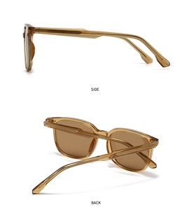 Détail de lunettes polarisées ambrées avec monture transparente et tiges en fil métallique