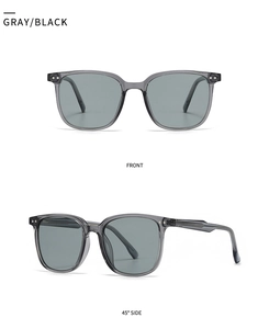Vues de face et de profil à 45 degrés de lunettes de soleil carrées gris translucide polarisées