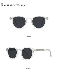 Detail of round polarized sunglasses showing transparent frame and metallic temple core