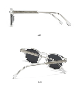 Detail of round sunglasses featuring silver textured metal inlay on transparent temples