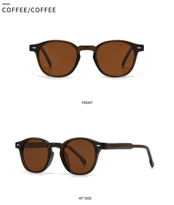 Detail of round coffee brown polarized sunglasses with silver rivets from front and 45 degree angle
