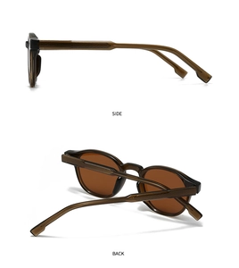 Detailed side and back view of polarized round sunglasses with amber tortoise texture