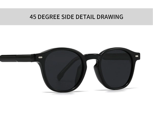 Detailed 45-degree side view of black round polarized sunglasses with silver metal rivets