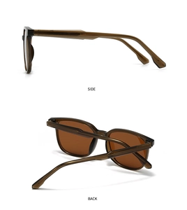 Détails de lunettes de soleil polarisées marron ambre vues de profil et de l'arrière