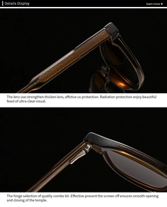 Macro view of durable metal hinges and 1.1mm thick polarized lenses on amber sunglasses