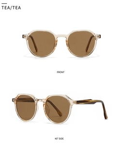 Vorder- und 45-Grad-Seitenansicht der runden polaren Retro-Sonnenbrille in Teefarbe