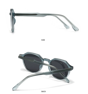 Detailansicht von Seite und Rückseite der graublauen runden polarisierten Sonnenbrille