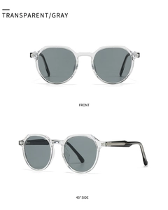 Front- und Seitenansicht der transparenten Polygon-Sonnenbrille mit grauen Polarisationslinsen