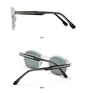 Seiten- und Rückansicht der runden Polarisationssonnenbrille mit silbernen Metallbügeln