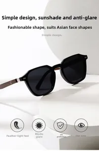 Detail of polarized sunglasses with wooden textured temples and metal reinforcement
