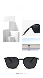 Detail of classic black round polarized sunglasses with metallic hinges on white blocks