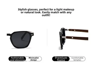 Detail of polarized sunglasses with black geometric frame and wood texture temples