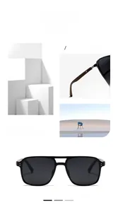 Detail of retro black square sunglasses with wood texture temples and silver hinge