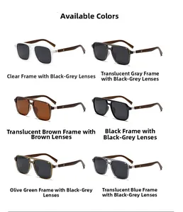 Detailed grid view of polarized sunglasses in six colors with stylish wood-grain temples