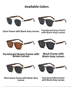 Matrix display of round polarized sunglasses in six colors with faux wood grain temples